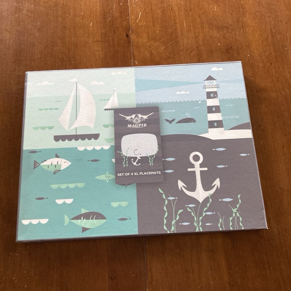 4 New Magpie Ahoy Seaside Ocean Anchor Cork Backed Hard Placemats 15.6" x 11.75"